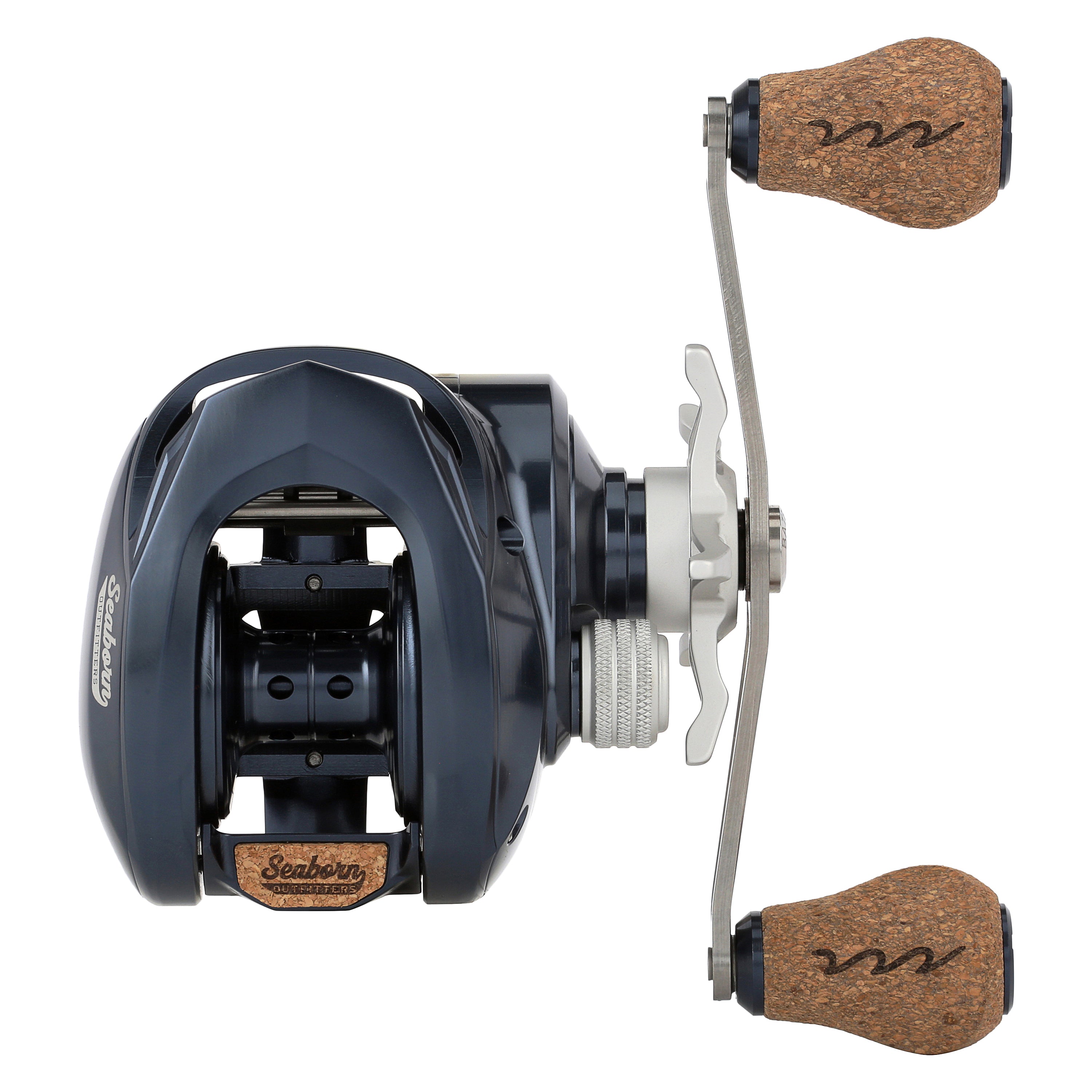 Close up of unidentifiable bait caster fishing reel and rubber